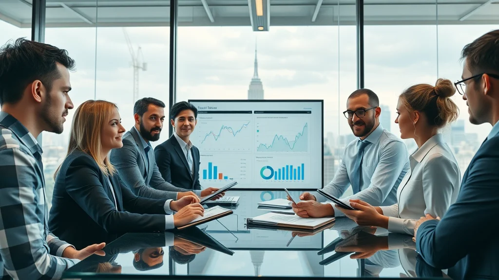 Strategic business team in a meeting, closely reviewing short video analytics and discussing campaign improvements in a modern corporate setting for marketing with videos, shorts and reels