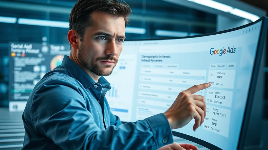 Step-by-step ad platform interface for configuring demographic and interest targeting, Google Ads UI in modern workspace — setting up campaigns for paid website traffic