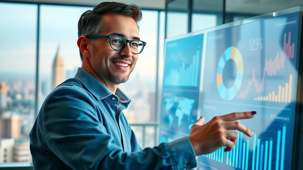 Business analytics dashboard for digital marketing trends in 2025 with marketer analyzing glowing charts and data in a photorealistic modern London office