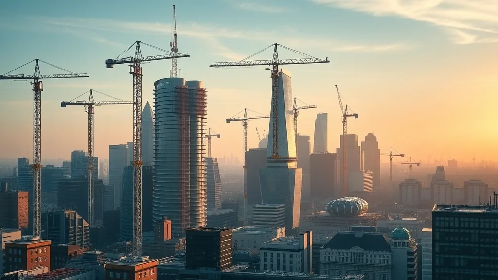 Dynamic London skyline with modern cranes and partially completed commercial skyscrapers, top 10 building and construction commercial structures companies in london