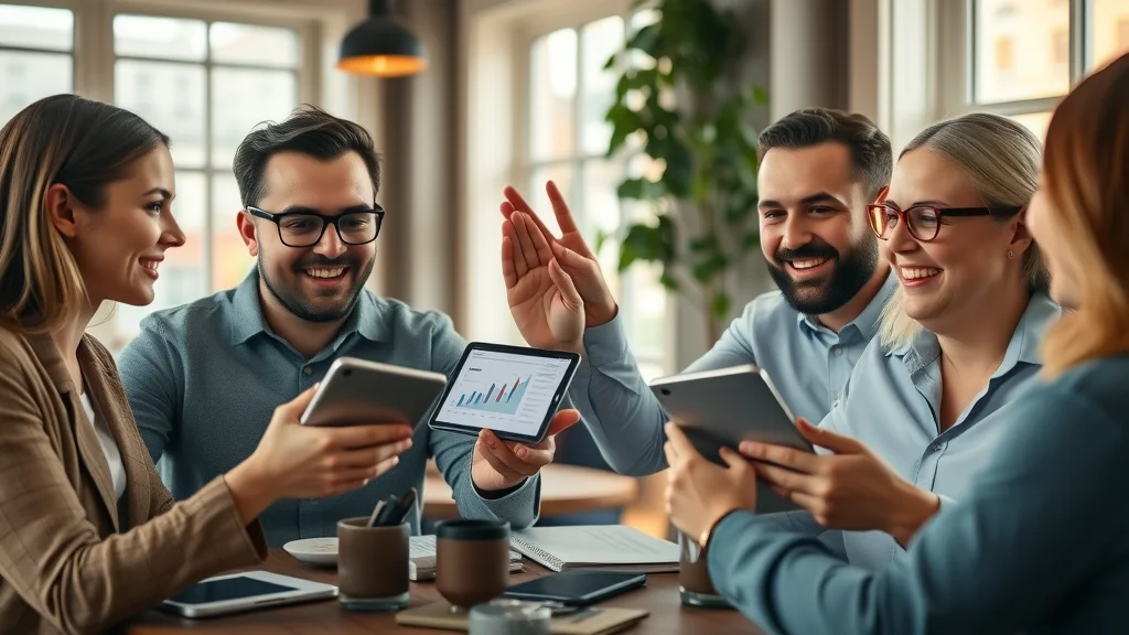 London business owners celebrating digital marketing growth from social media and programmatic campaigns inside a local café