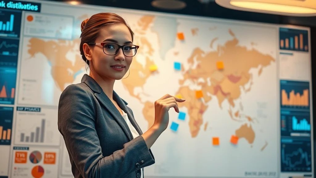 Businesswoman mapping distribution channel marketing strategy using live analytics and a large product distribution map