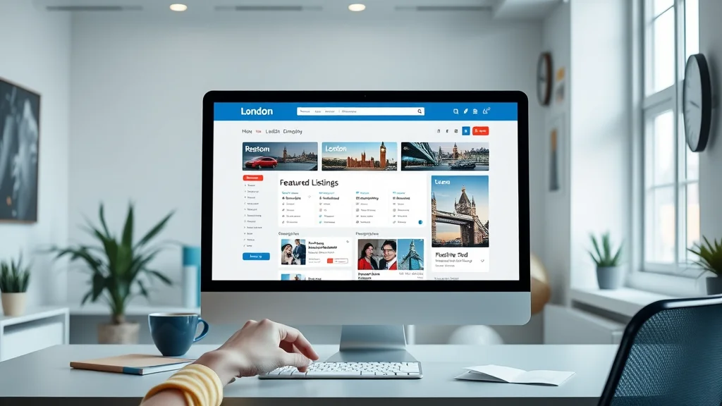 Modern digital interface of a London business directory with borough filters and featured businesses
