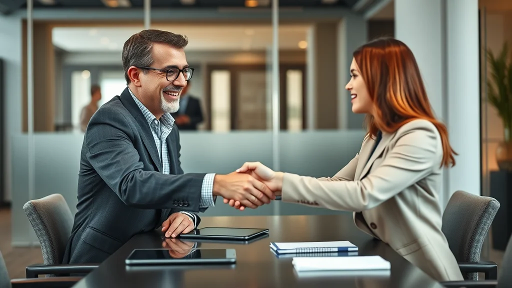 Business leader and content creation agency representative sealing partnership - hire outsourced content creation agency