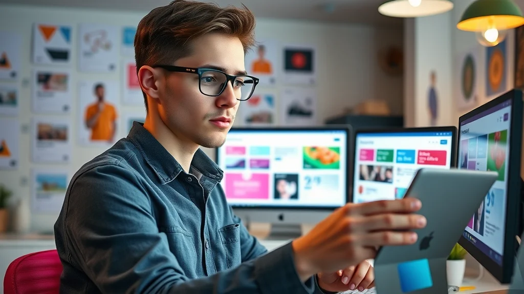 Young London marketer using generative AI tools to create and manage automated digital marketing content in a modern workspace