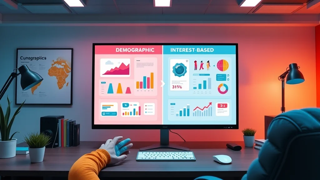 Vibrant digital infographic comparing demographic targeting and interest based targeting, photorealistic educational workspace — demographics vs interest based market targeting