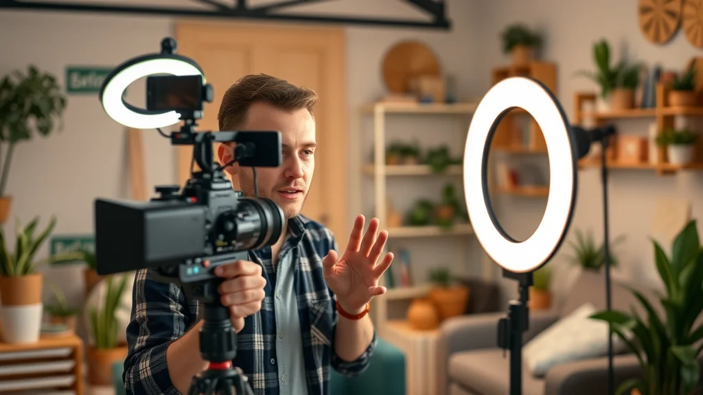 Modern digital marketer filming a brand story with ring light in a professional content studio, exemplifying effective marketing with videos, shorts and reels