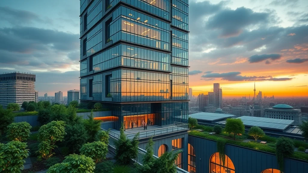 State-of-the-art sustainable commercial tower with green rooftop gardens, sustainability in construction