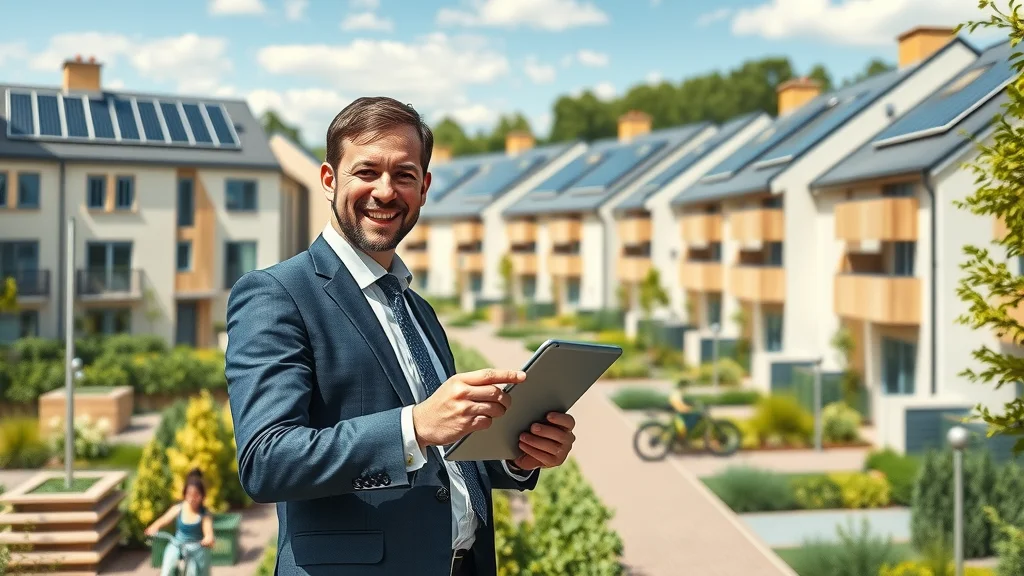 Project manager at London green housing estate with eco-buildings and solar panels, representing top 10 building and construction companies in London