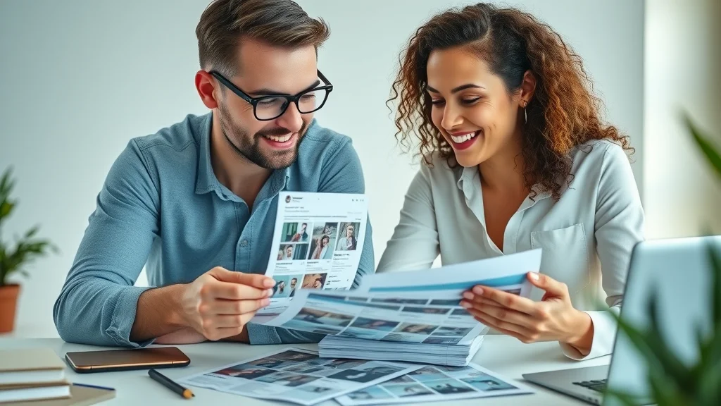 Creative team reviewing a mix of promotional and educational social media posts to balance brand content strategy