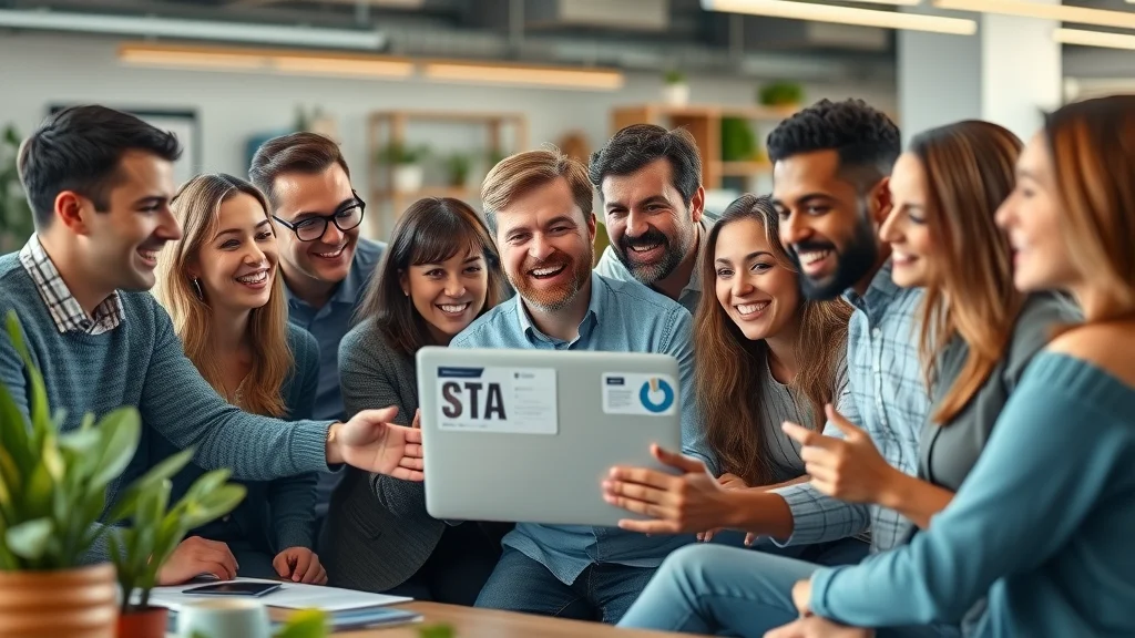 Diverse marketers excitedly gathered around a laptop, watching short-form marketing video content in a vibrant modern office setting. | marketing with videos, shorts and reels