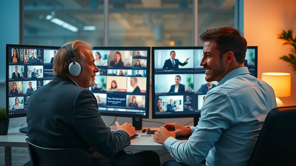 Two marketers in London comparing produced vs AI-generated video content on computer screens for digital marketing strategies