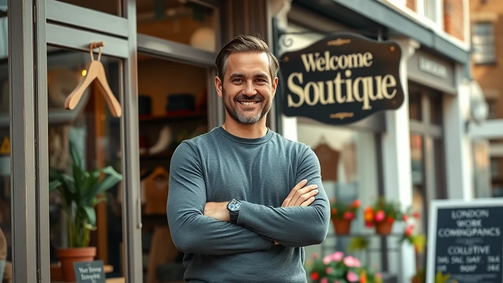 Proud London shop owner representing a local business in a vibrant borough, showcasing entrance and London street vibe
