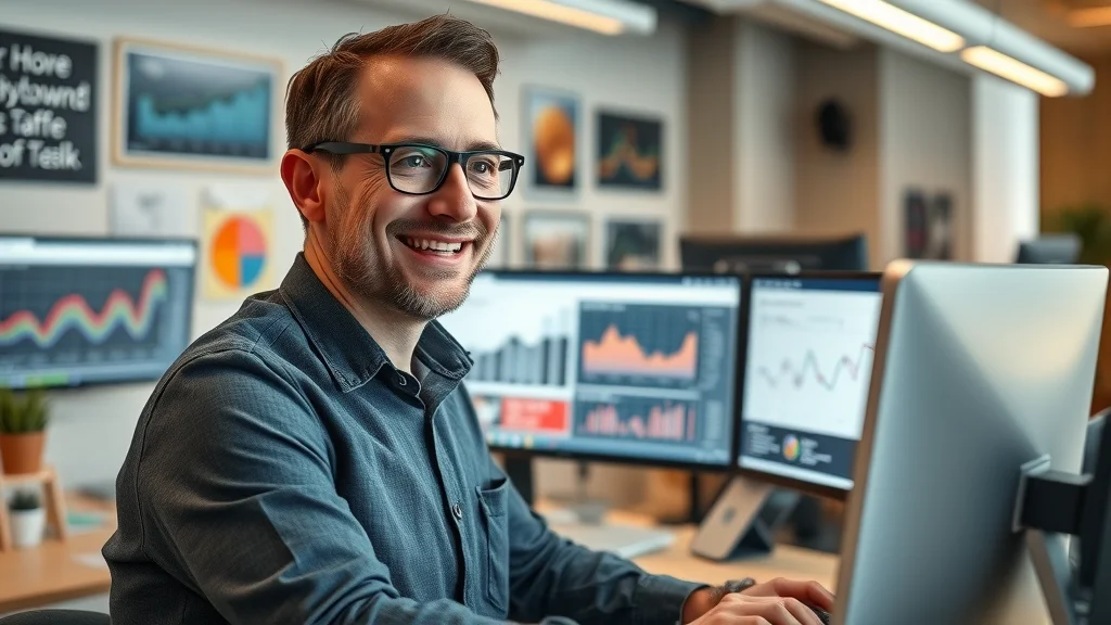 Skip hire business owner checking digital analytics dashboard—optimistic expression, modern marketing office, photorealistic, London skip hire marketing innovation