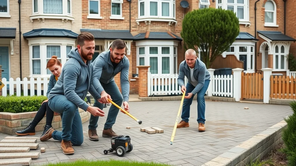 london driveways and paving specialist services - paving team preparing for driveway installation in classic London home