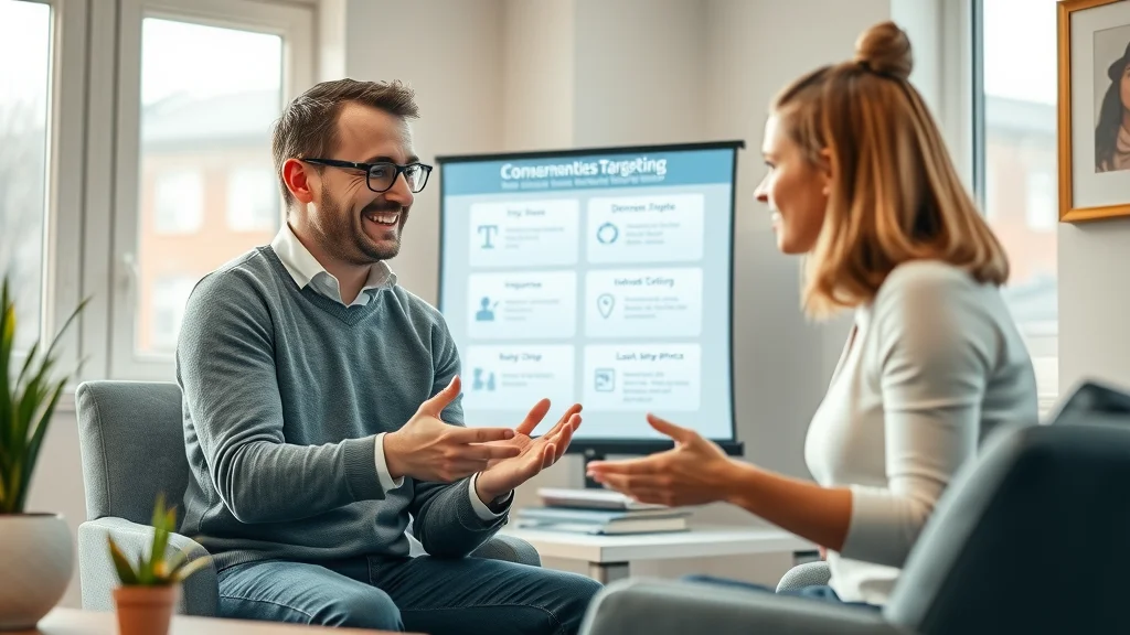 Expert marketer consulting a business owner on demographic vs. interest-based targeting, cozy office, digital projector campaign options — Capid Houser audience strategy