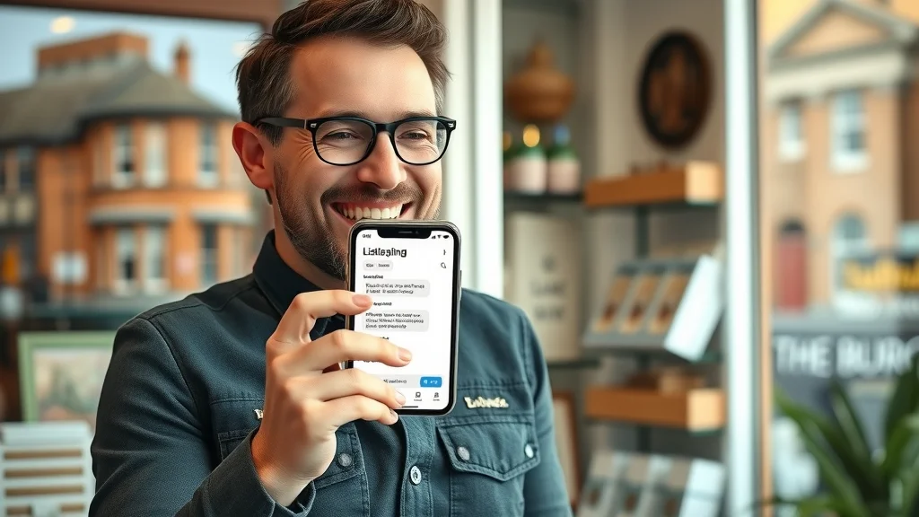 Happy Oxford business owner with smartphone showing positive results from business directory listing