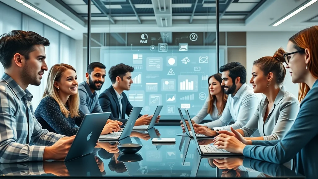 Digital team strategizing digital marketing trends in modern London office with interactive boards and trend icons