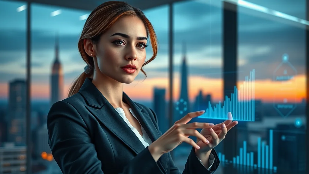 Businesswoman harnessing artificial intelligence for digital marketing trends in a high-tech office with glowing neural network visualizations