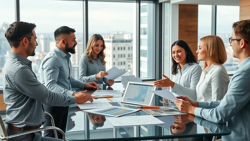 Construction executives and building material suppliers meeting in a modern London office, representing partnerships among top 10 building and construction companies in London