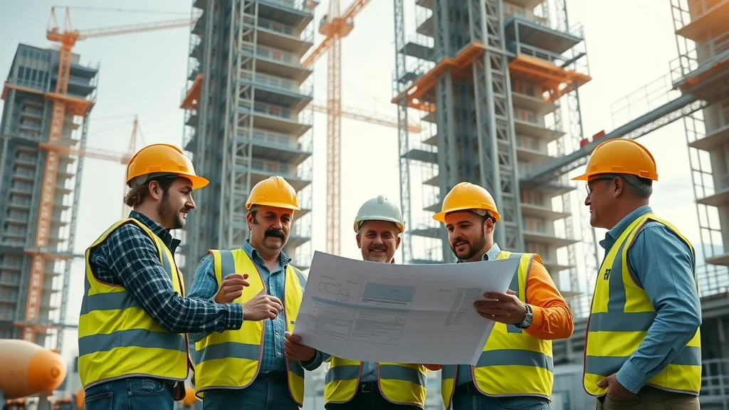 Builders with blueprints on a London construction site under a steel skyscraper framework, showcasing innovative building and construction practices