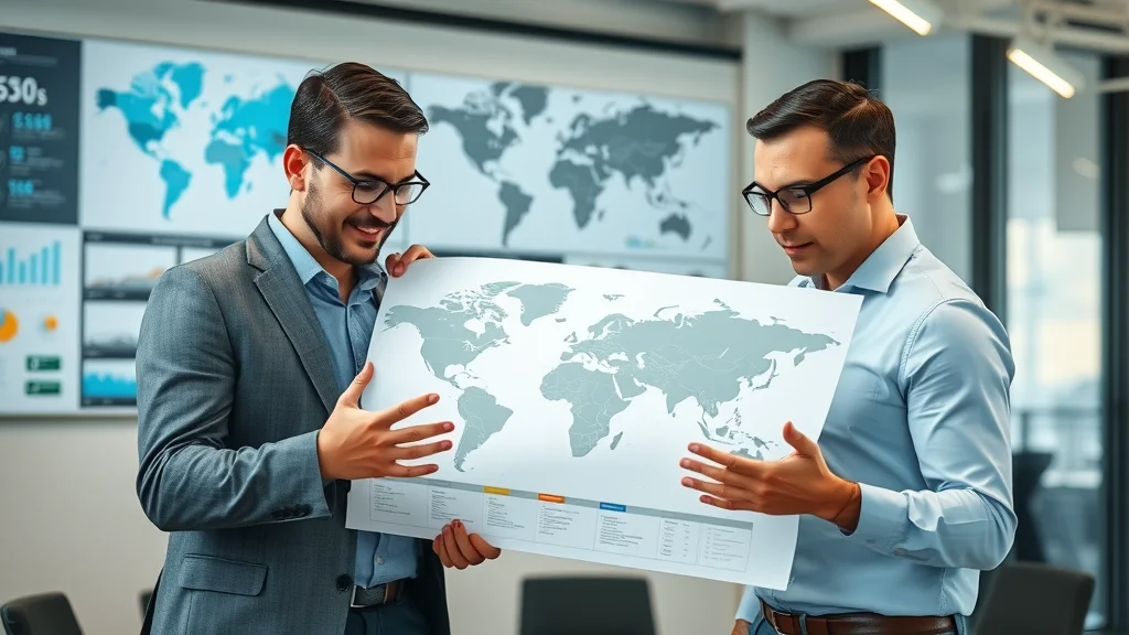 Professional marketing strategists collaborating on distribution channel marketing strategy in a modern office with digital charts in the background