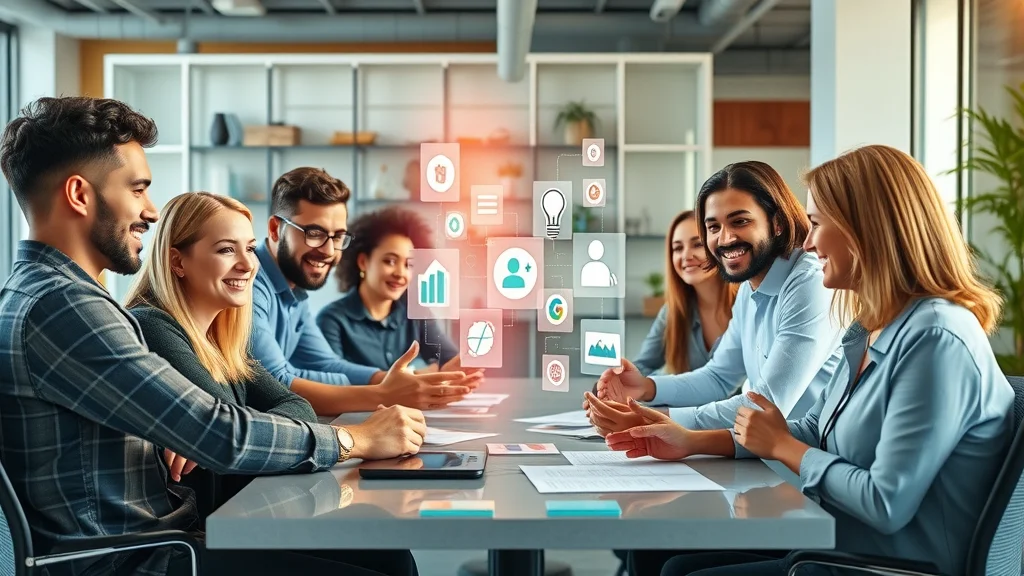 Synergistic digital marketing team coordinating holistic campaign efforts, vibrant agency office, visualizing integrated marketing strategy — content, social, and display ads