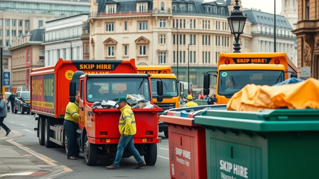 London skip hire trucks and waste collection workers loading skips on a busy street near iconic landmarks—clean streets, vehicles in motion, high detail, vibrant, photorealistic