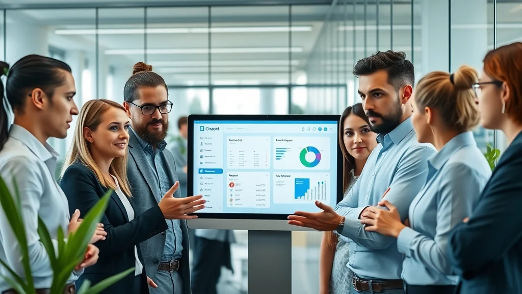 Modern business office setting displaying chatbot interface for customer survey, using chatbots for customer surveys in a tech-forward workspace