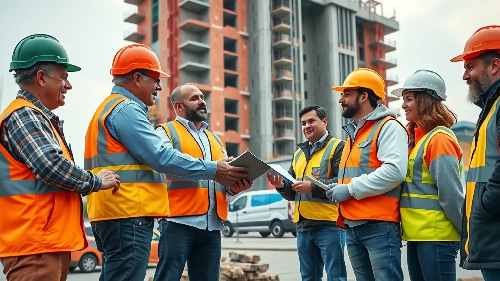 Collaborative meeting between construction leaders and suppliers at a site entrance, wates group