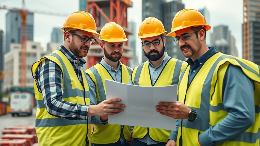 Construction engineering team in safety vests and helmets reviewing digital plans, uk construction industry
