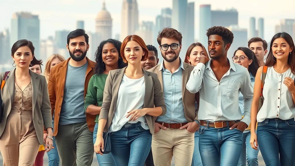 Diverse consumer group for demographic targeting, confident people representing different ages, genders, backgrounds, cityscape — demographic targeting in market strategy