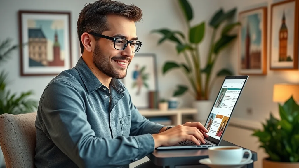 London business owner optimising their directory listing on a laptop in a home office surrounded by London art and green plants