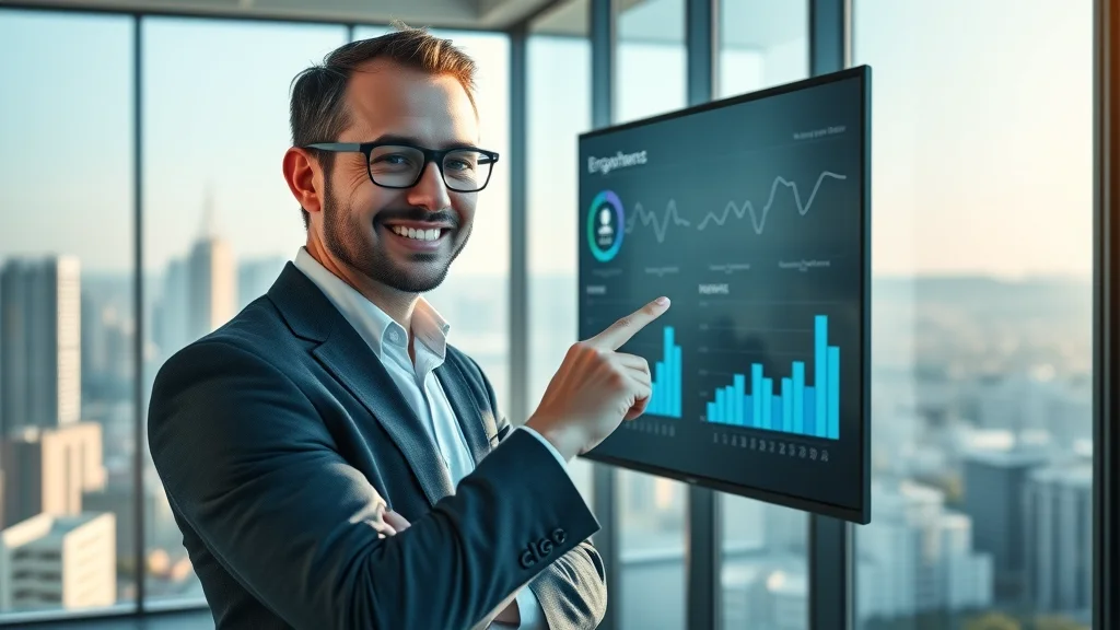 Confident business expert reviewing video performance dashboard, highlighting engagement metrics and conversion for short form video content in digital marketing