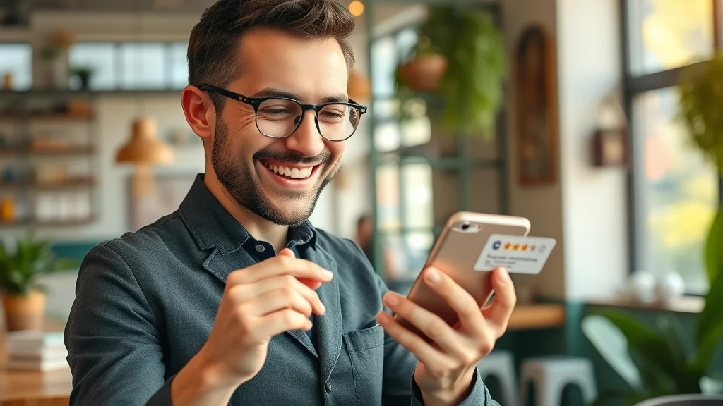 Business owner checking Google reviews on smartphone, smiling at positive feedback in a vibrant café environment, highlighting easy review process.