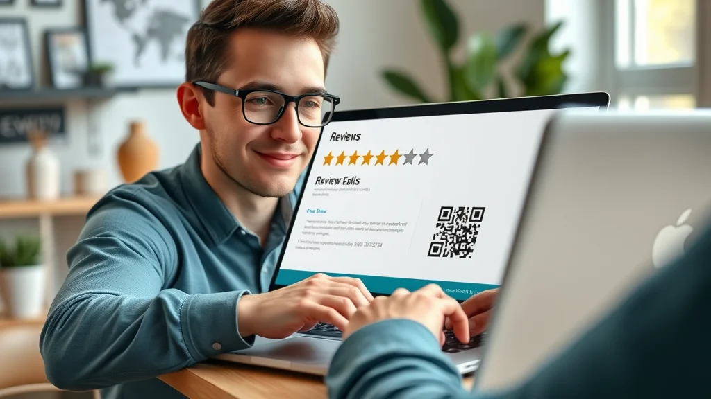 User interacting with a sleek review capture page on a laptop, easily accessing Google review and review card links with QR code options for seamless feedback.