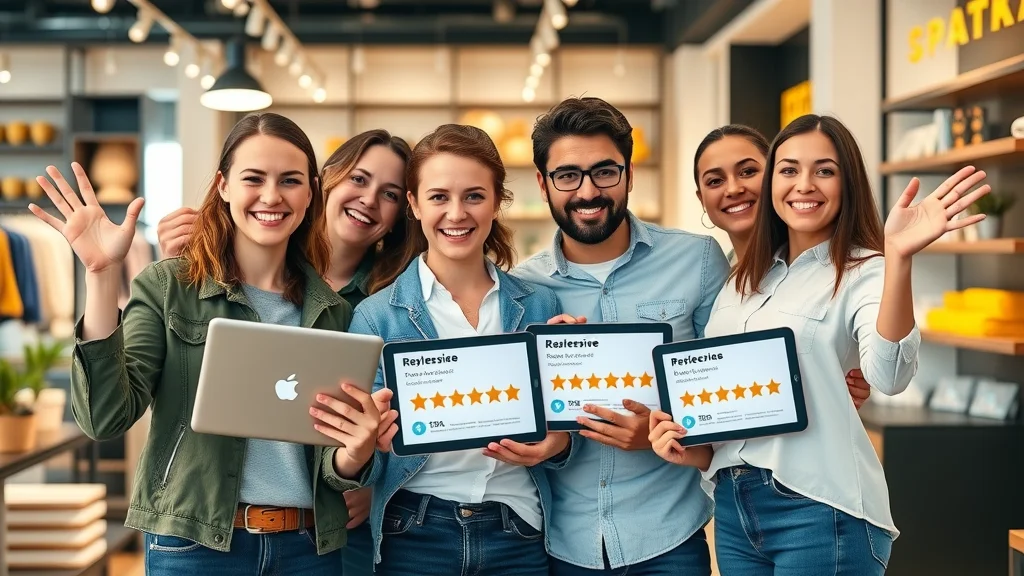 Happy business team celebrating positive customer reviews and reputation marketing reviews monitoring success