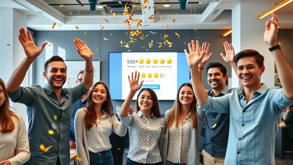 Business team celebrating a surge in 5-star Google reviews, high-fiving in an energetic office with 5-star rating soaring on wall screen.