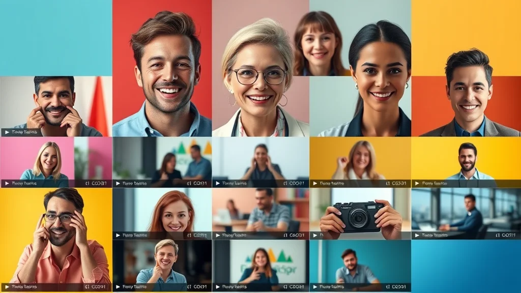 Diverse set of business video thumbnails including product demos, customer testimonials, and behind-the-scenes short form video content for business marketing