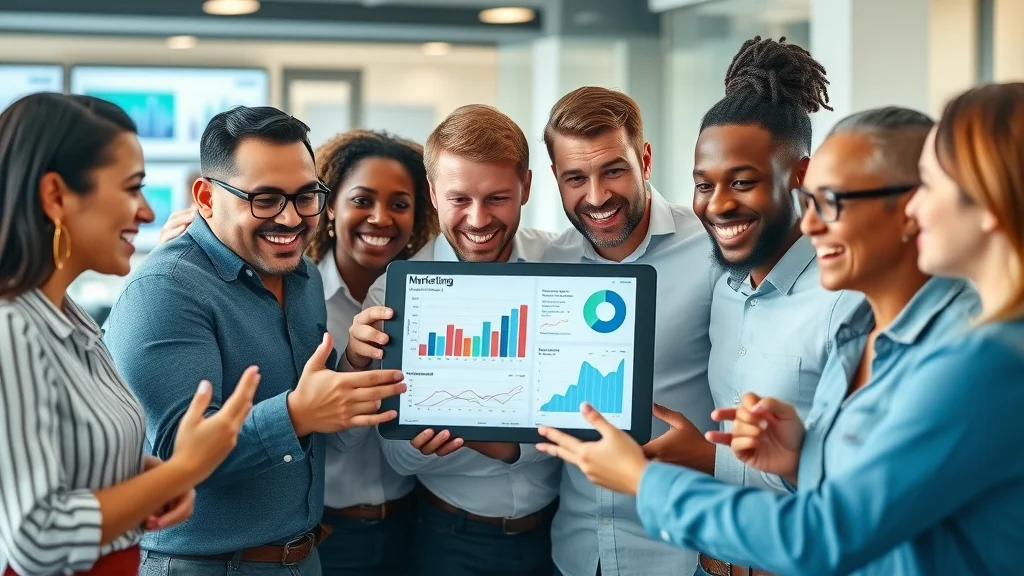 Energetic diverse business team brainstorming using short form video content for business marketing with digital analytics on tablet in modern office, photorealistic