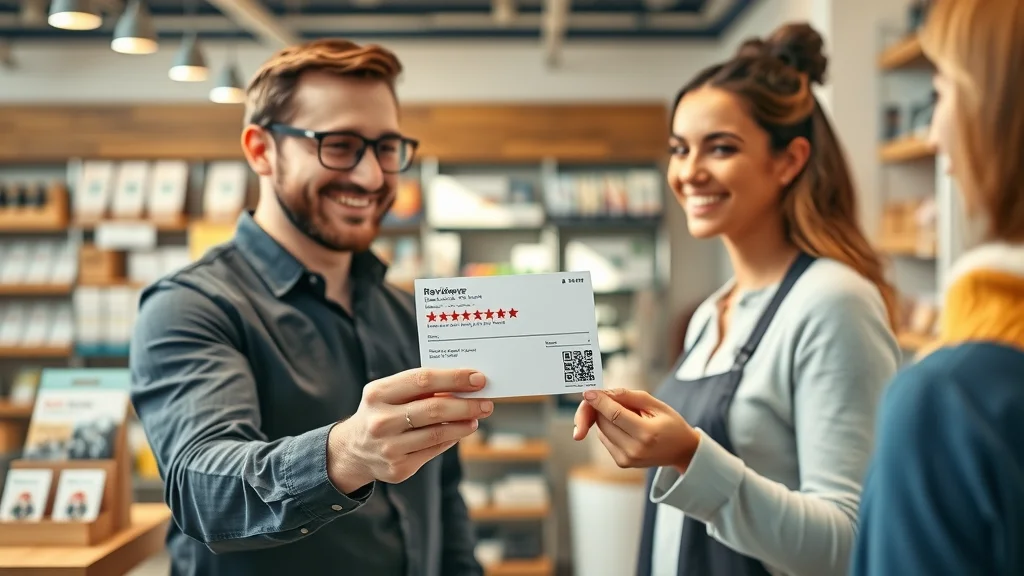 Small business staff member giving a customer a review card with QR code, both displaying gratitude in a well-lit retail setting for ethical review generation.