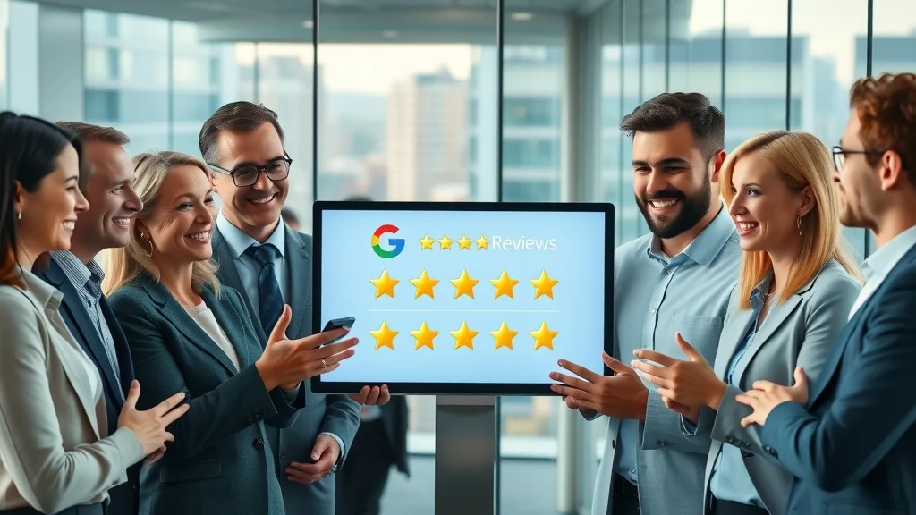 Business professionals discussing rising 5-star Google review ratings in a modern office setting, projecting company reputation insights using digital screens and charts.