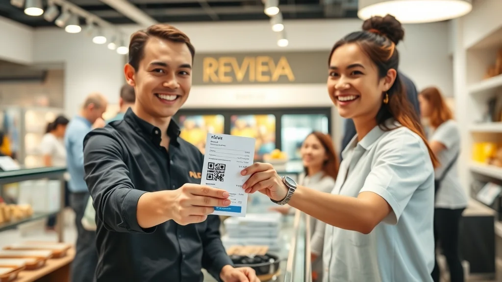 Staff member giving customer a receipt with review QR code - how to get more Google reviews