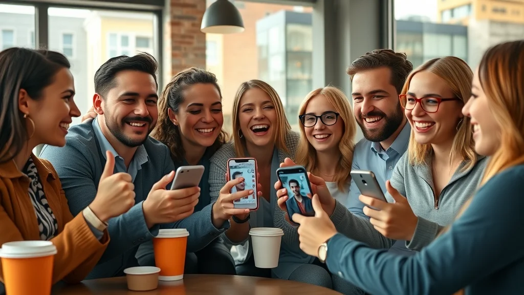 Energetic group of professionals reacting to short form branded video on smartphones, showcasing engagement on social media for business marketing
