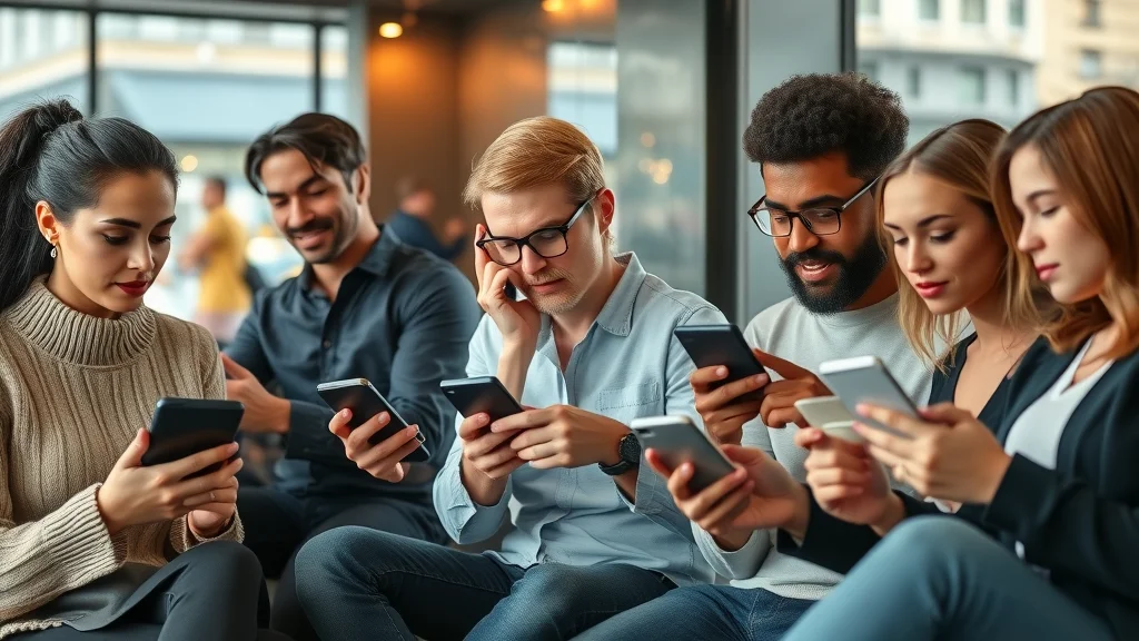 Consumers reading online business reviews on smartphones and tablets in a modern coffee shop - online reviews & reputation management
