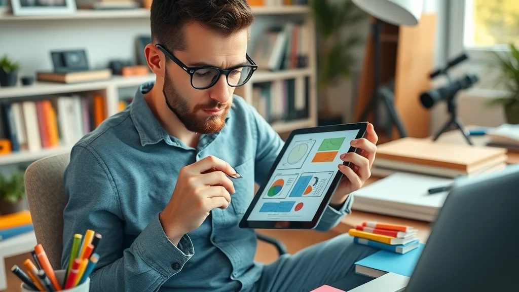 Creative marketer storyboarding a short form video content in a home office, using digital tablet for business marketing strategy planning