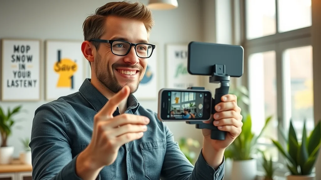 Modern marketer enthusiastically recording a short form video content on smartphone stabilizer in creative workspace for business marketing