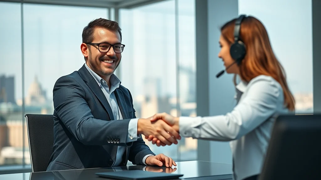 Business owner shaking hands with IT support consultant, symbolizing trust and security in customer support help desk solutions for London businesses