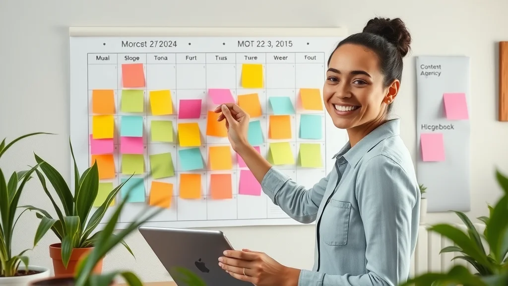 Digital marketer planning a content calendar to save time and align articles, blogging and content for marketing business