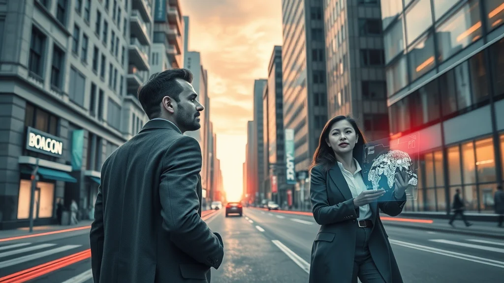 The evolution of SEO for London businesses: professionals on an urban street navigating between traditional and AI-driven digital search strategies with modern city elements.